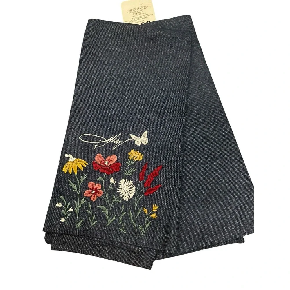 Dolly Parton 2 Pack Embroidered Denim Kitchen Towels Flowers Butterflies NWT
